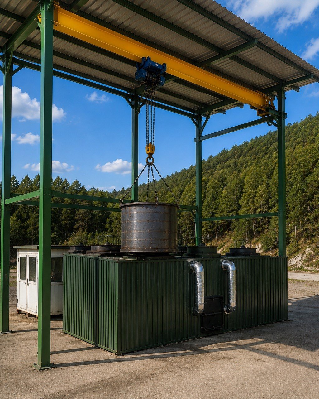 Royal Carbon system with green equipment, suspended retort and yellow overhead crane